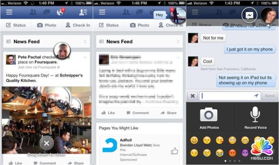 Facebook周二推出了6.0版iPhone應用,支持“聊天頭像”(Chat Heads)功能和新版信息流 Facebook周二推出了6.0版iPhone應用,支持“聊天頭像”(Chat Heads)功能和新版信息流
